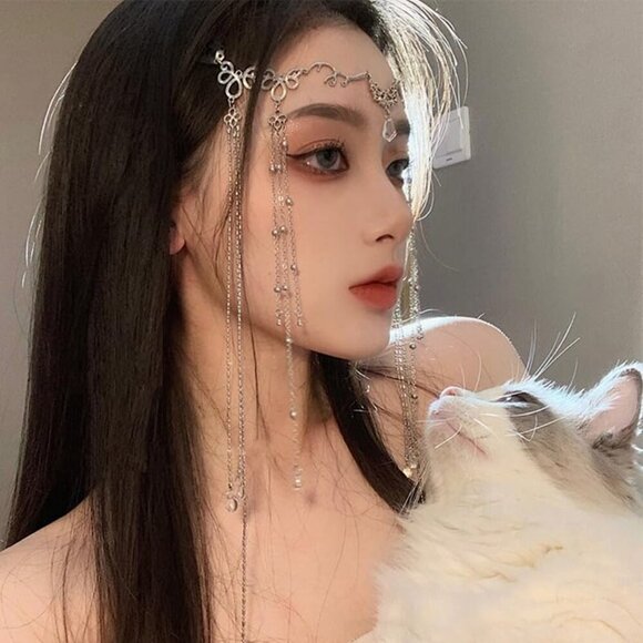 Women Head Chain Retro Long Tassel Headpiece Rhinestone Crystal Bridal Head Chai - Picture 5 of 5